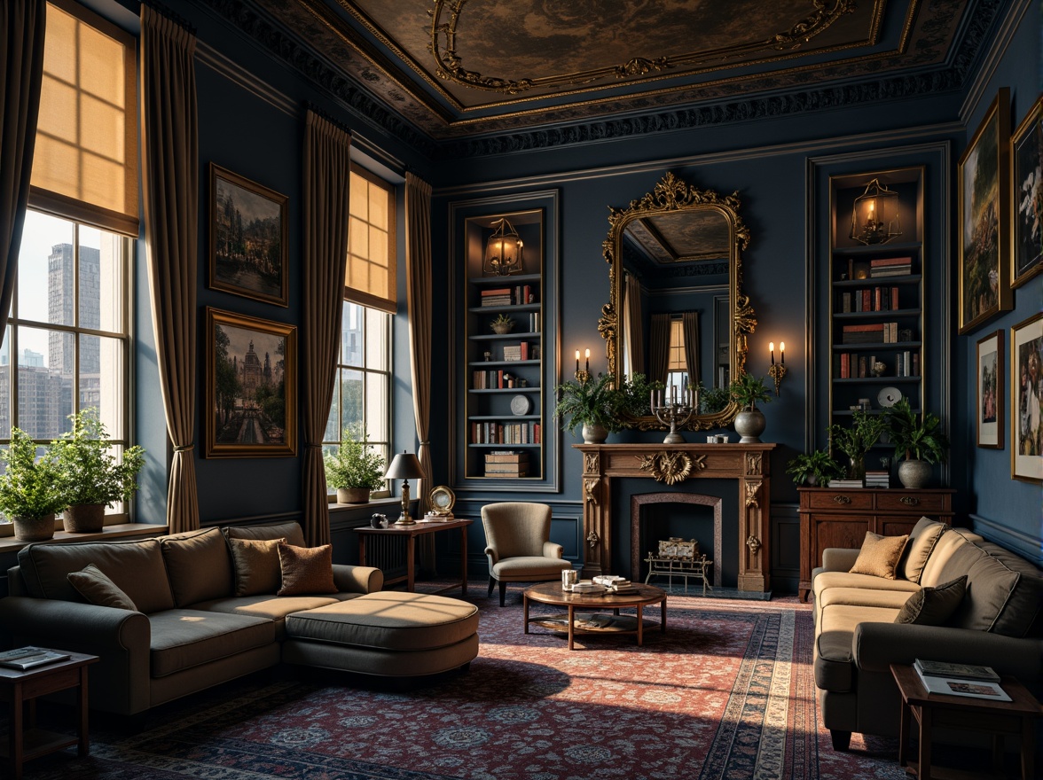 Prompt: Rich Prussian blue accents, warm golden lighting, soft creamy whites, deep charcoal grays, luxurious velvet textures, ornate gold frames, mysterious dark woods, antique leather-bound books, vintage distressed finishes, dramatic high-contrast shadows, cinematic 2.35