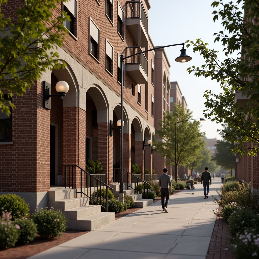 Prompt: Rustic brick facade, earthy tones, textured masonry, ornate archways, grand entranceways, classic columns, vintage street lamps, charming pedestrian walkways, lush greenery, blooming flowers, warm sunny day, soft natural lighting, shallow depth of field, 3/4 composition, realistic textures, ambient occlusion.