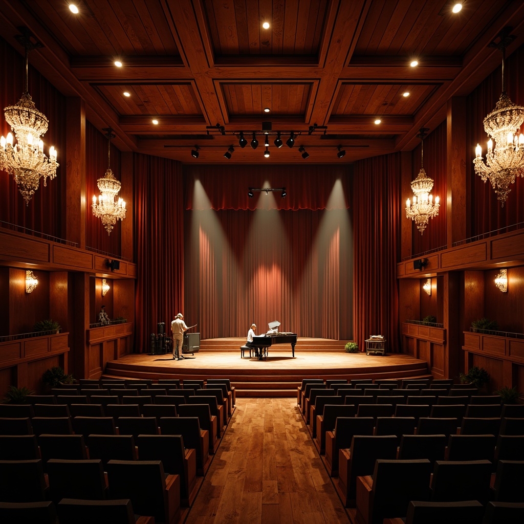 Prompt: Intimate concert hall, rich wood tones, velvet curtains, ornate chandeliers, tiered seating, polished wooden floors, acoustic panels, sound-absorbing materials, precise speaker placement, optimized reverberation time, warm ambient lighting, dramatic spotlights, grand piano, live performance, energetic atmosphere, 3/4 composition, shallow depth of field, realistic textures, ambient occlusion.