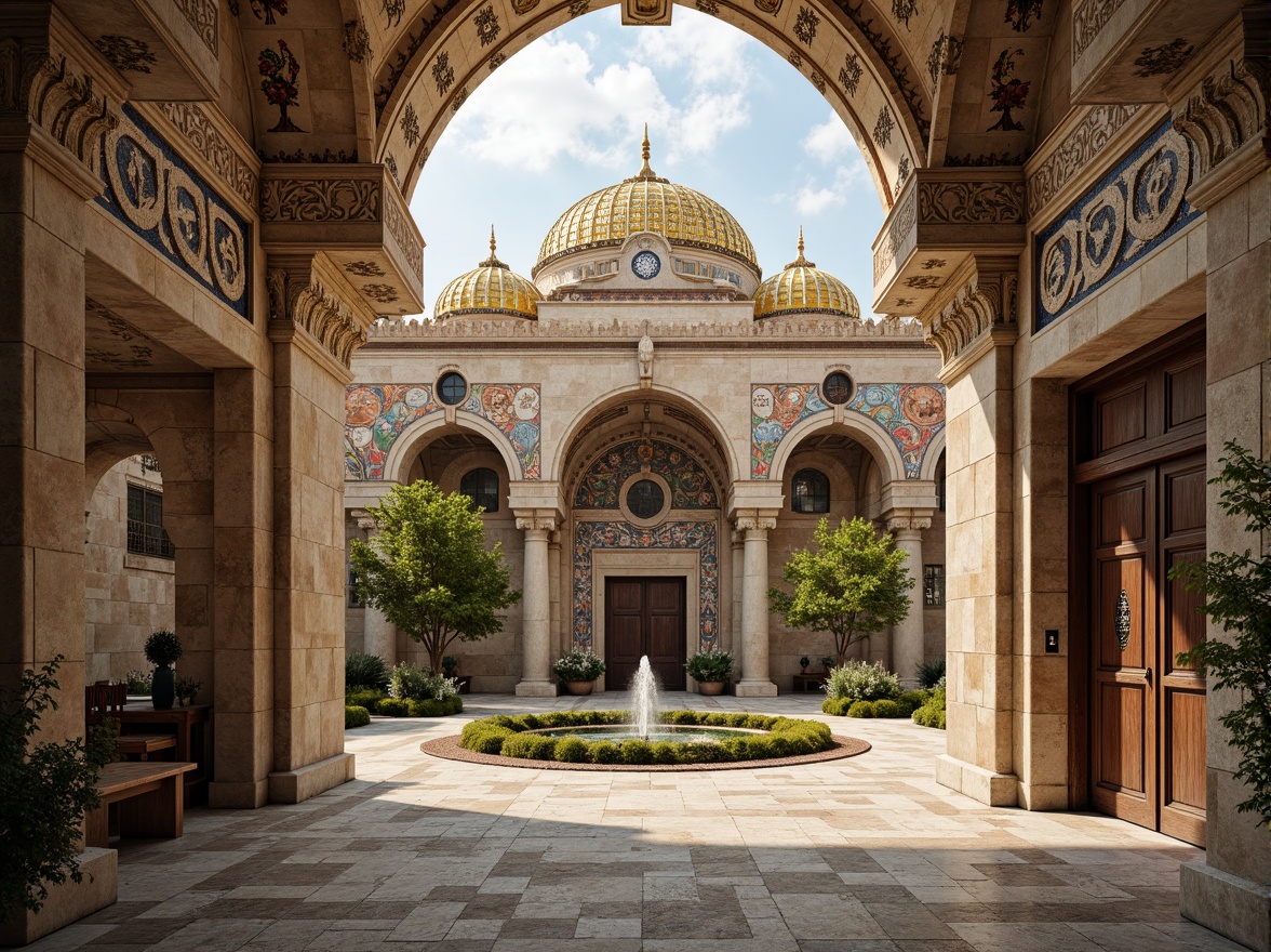 Prompt: Intricate stone carvings, ornate golden domes, majestic archways, grand entrance gates, rustic wooden doors, vibrant mosaic patterns, richly textured stonework, Byzantine-inspired frescoes, serene courtyard gardens, tranquil fountain features, soft warm lighting, shallow depth of field, 3/4 composition, panoramic view, realistic textures, ambient occlusion.