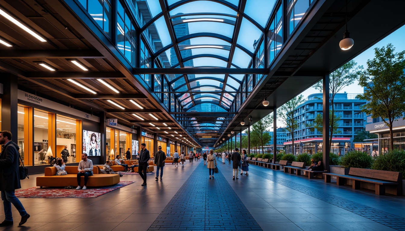 Prompt: Vibrant tram station, modern architecture, sleek metal beams, glass roofs, LED light installations, futuristic ambiance, dynamic color schemes, neon signs, urban cityscape, busy pedestrian traffic, rush hour atmosphere, soft warm lighting, shallow depth of field, 1/1 composition, realistic textures, ambient occlusion, suspended ceiling lights, linear fluorescent lamps, circular pendant lights, geometric patterned flooring, polished metal handrails, comfortable seating areas.