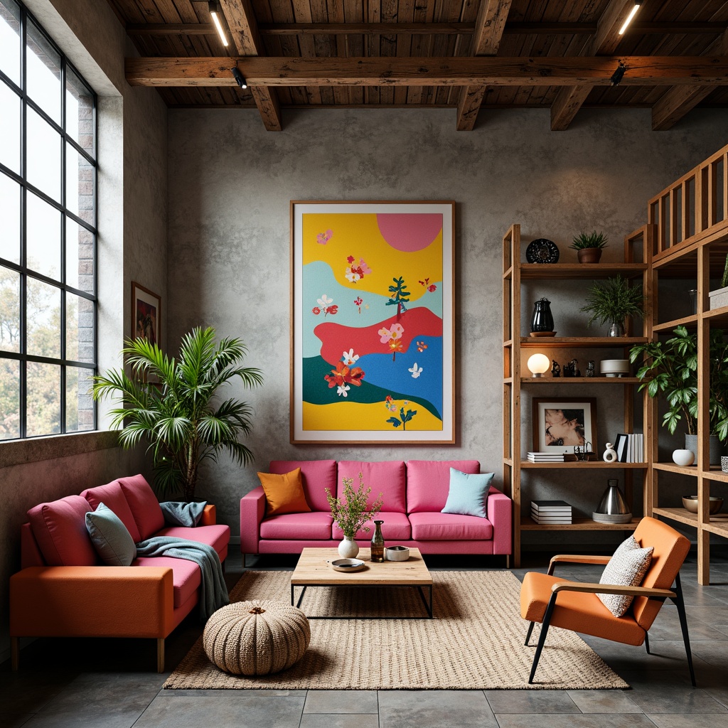 Prompt: Vibrant artistic studio, eclectic furniture, abstract artwork, bold color blocking, contrasting textures, rich wood accents, industrial metal fixtures, natural stone flooring, oversized windows, soft diffused lighting, warm atmospheric ambiance, 3/4 composition, shallow depth of field, realistic renderings, ambient occlusion.