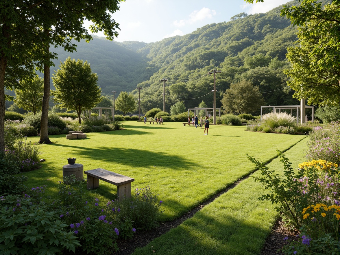 Prompt: Natural sports field, lush green grass, organic curves, undulating terrain, meandering pathways, native plant species, wildflower blooms, rustic wooden benches, recycled material fences, eco-friendly irrigation systems, solar-powered lighting, soft warm ambiance, shallow depth of field, 3/4 composition, panoramic view, realistic textures, ambient occlusion.