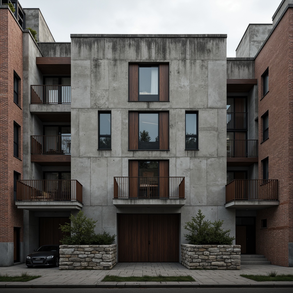 Prompt: Rough concrete walls, exposed ductwork, industrial metal beams, raw brick facades, distressed wood accents, brutalist fortress-like structures, rugged stone foundations, cold steel railings, minimalist ornamentation, functional simplicity, urban cityscape, overcast skies, dramatic shadows, high-contrast lighting, 1/1 composition, symmetrical framing, realistic material textures, ambient occlusion.