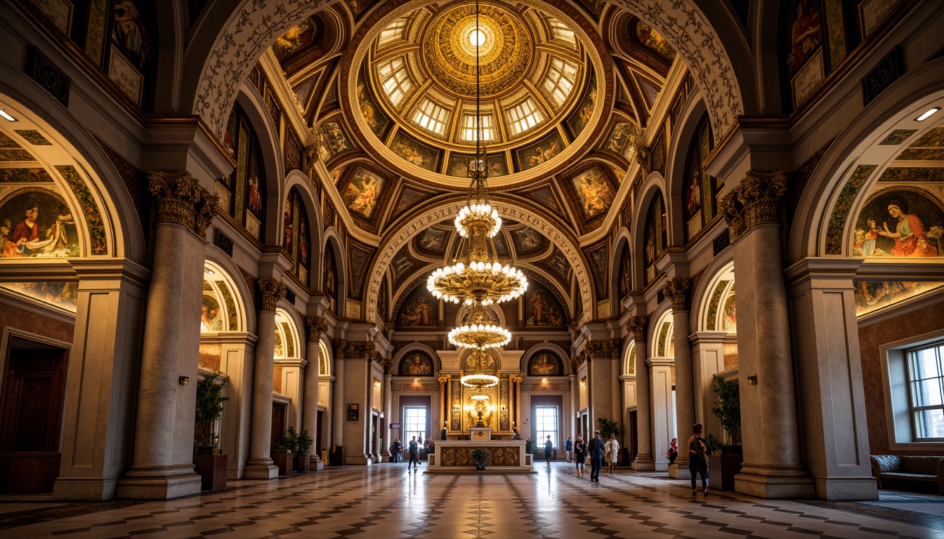 Prompt: Intricate mosaics, golden domes, ornate chandeliers, marble floors, vaulted ceilings, grand archways, rich tapestries, ornamental icons, lavish altarpieces, intricate carvings, polished stone columns, dim warm lighting, soft shadows, atmospheric ambiance, 1/1 composition, symmetrical framing, realistic textures, ambient occlusion.