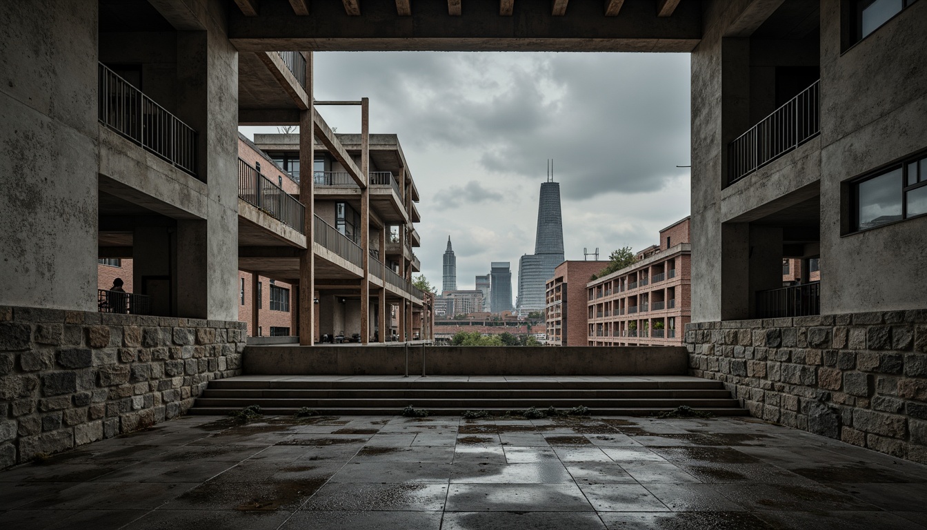 Prompt: Rough concrete walls, exposed ductwork, industrial metal beams, raw brick facades, brutalist fortress-like structures, rugged stone foundations, distressed wood accents, weathered steel surfaces, urban cityscape backdrop, overcast skies, dramatic shadows, high-contrast lighting, cinematic composition, gritty realistic textures, ambient occlusion.