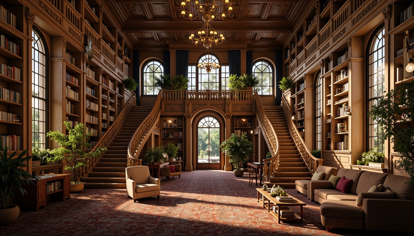 Prompt: Grandiose library interior, ornate details, flowing curves, sinuous lines, organic forms, botanical motifs, stained glass windows, intricate mosaics, gilded accents, luxurious fabrics, velvet drapes, carved wooden paneling, sculpted stone columns, sweeping archways, grand staircases, dramatic chandeliers, warm golden lighting, soft focus, shallow depth of field, 1/2 composition, symmetrical framing, realistic textures, ambient occlusion.