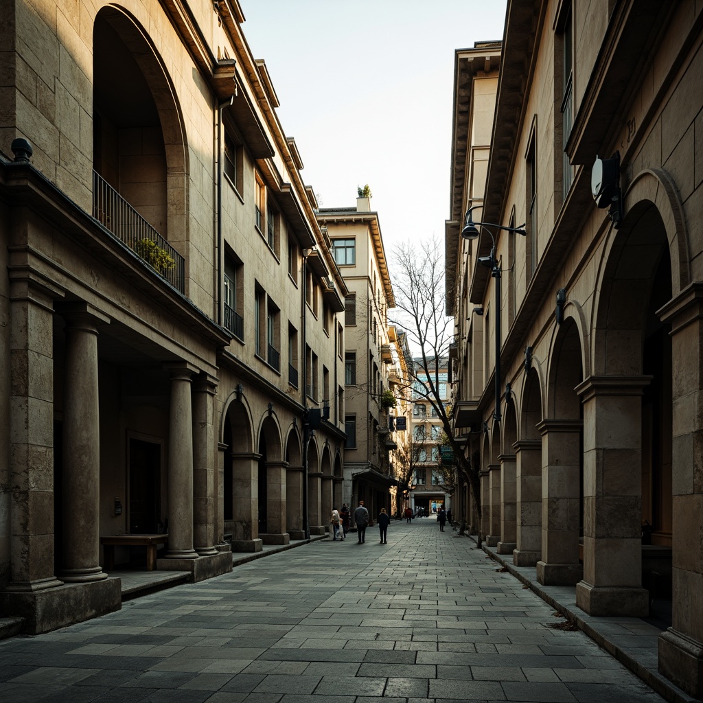 Prompt: Monumental buildings, imposing structures, robust columns, sturdy arches, grand entrances, ornate facades, symmetrical compositions, classical proportions, harmonious massing, balanced forms, natural stone materials, rough-hewn textures, earthy color palette, dramatic lighting effects, deep shadows, atmospheric perspective, 1/2 composition, low-angle view, cinematic mood.