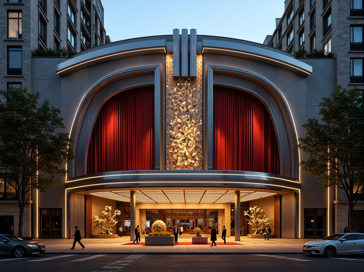 Prompt: Curved theater facade, streamline moderne architecture, metallic materials, polished chrome accents, geometric patterns, abstract sculptures, urban cityscape, evening ambient lighting, warm golden glow, shallow depth of field, 1/1 composition, symmetrical balance, ornate details, luxurious textiles, velvet curtains, grand entrance, red carpet, spotlights, dramatic shadows, cinematic atmosphere.