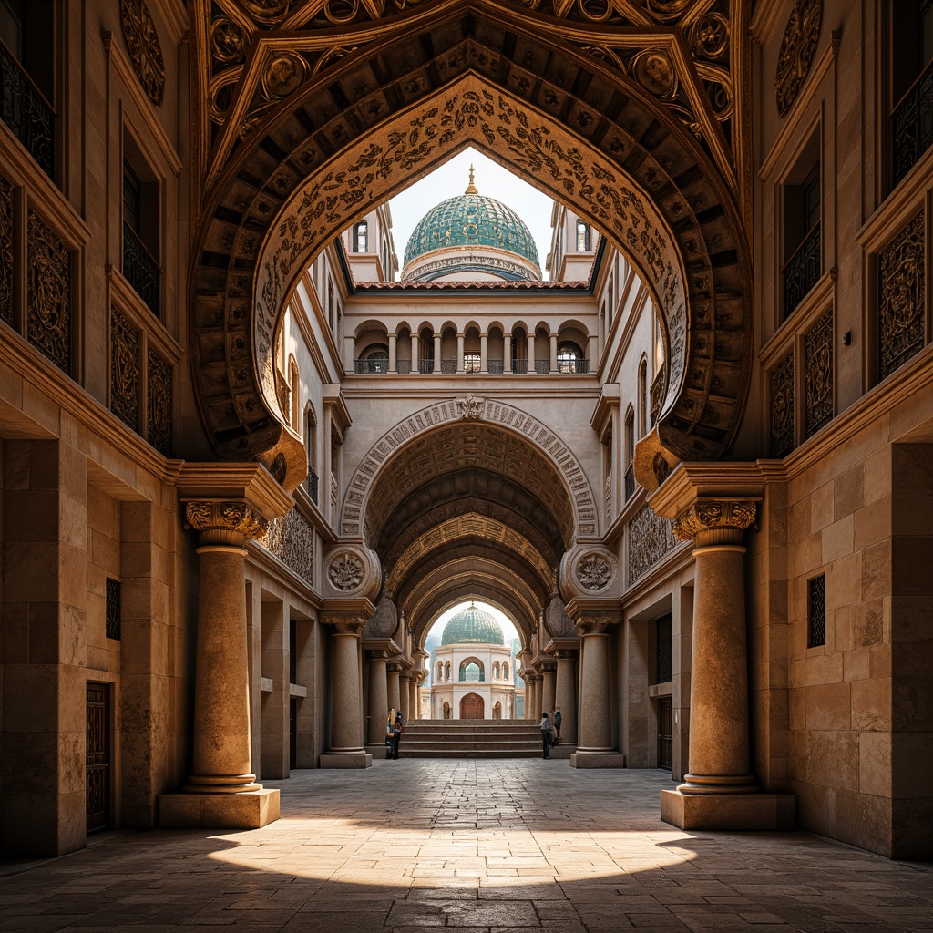 Prompt: Intricate stone carvings, ornate domes, grand archways, vibrant mosaics, golden accents, rustic terracotta tiles, weathered copper roofing, aged stone walls, mystical ambiance, soft warm lighting, dramatic shadows, 1/1 composition, low-angle shot, realistic textures, ambient occlusion.