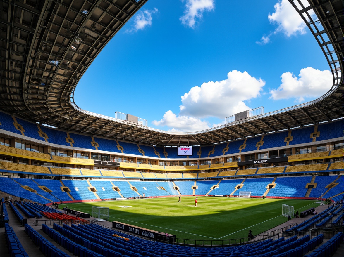 Prompt: Vibrant sports stadium, bold color scheme, dynamic LED lighting, electric blue seats, bright yellow accents, deep red goalposts, lush green turf, modern metallic fa\u00e7ade, sleek glass roofs, angular lines, futuristic architecture, high-tech scoreboards, energetic atmosphere, warm sunny day, dramatic shadows, 3/4 composition, panoramic view, realistic textures, ambient occlusion.