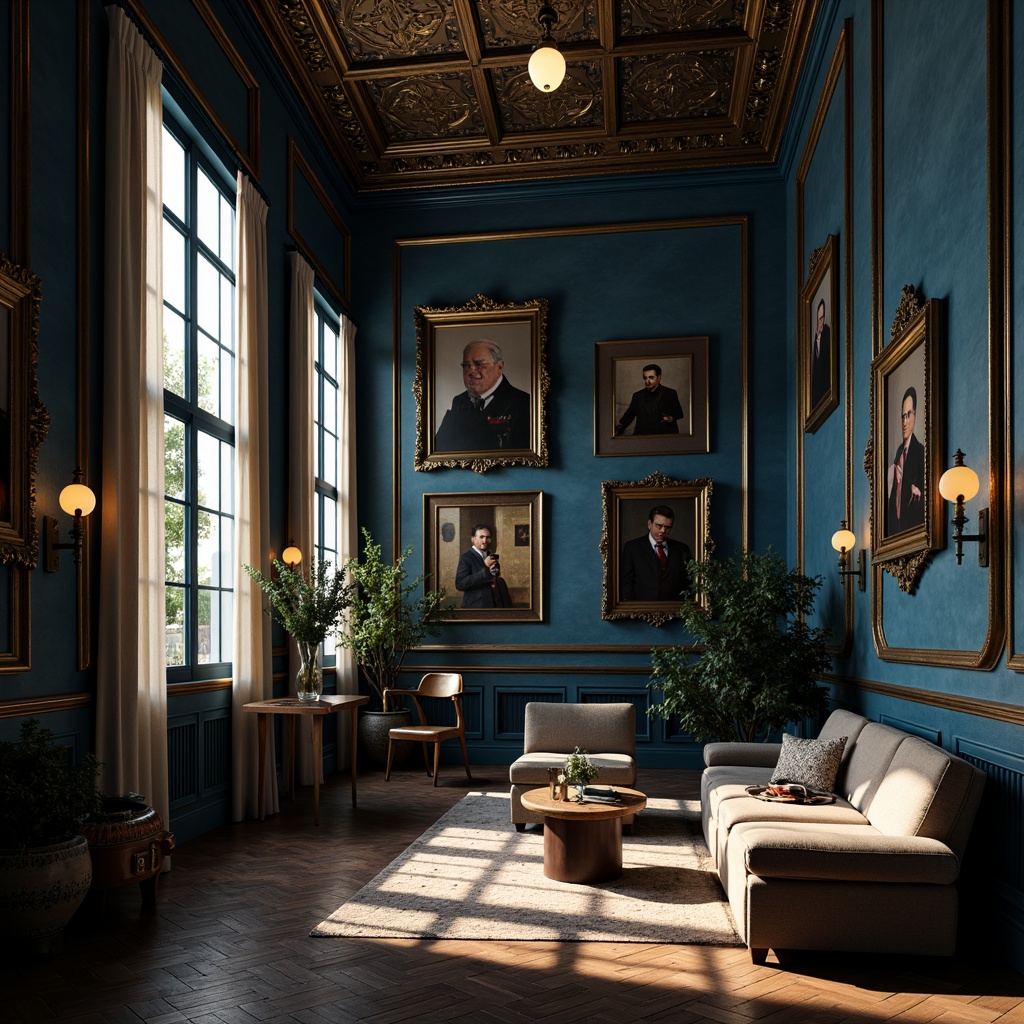 Prompt: Rich Prussian blue accents, warm golden lighting, soft creamy whites, deep charcoal grays, luxurious velvet textures, ornate gold frames, mysterious dark woods, antique leather-bound books, vintage distressed finishes, dramatic high-contrast shadows, cinematic 2.35