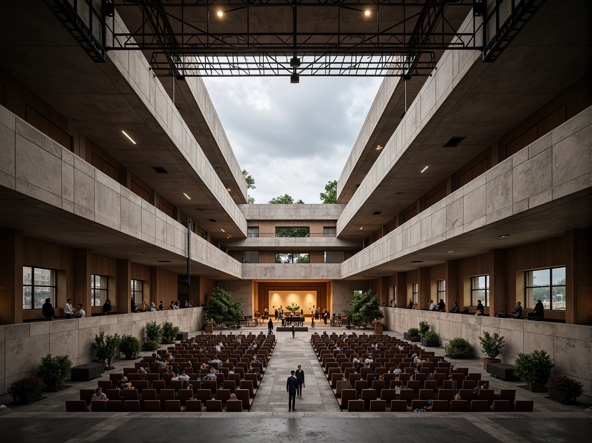 Prompt: Rugged brutalist concert hall, exposed concrete walls, industrial metal beams, minimalist seating, avant-garde stage design, dramatic spotlights, resonant sound reflections, acoustic panels, diffused sound waves, intimate performance spaces, natural stone flooring, raw unfinished textures, bold geometric shapes, urban cityscape views, cloudy grey skies, soft warm lighting, shallow depth of field, 1/1 composition, realistic material renderings, ambient occlusion.