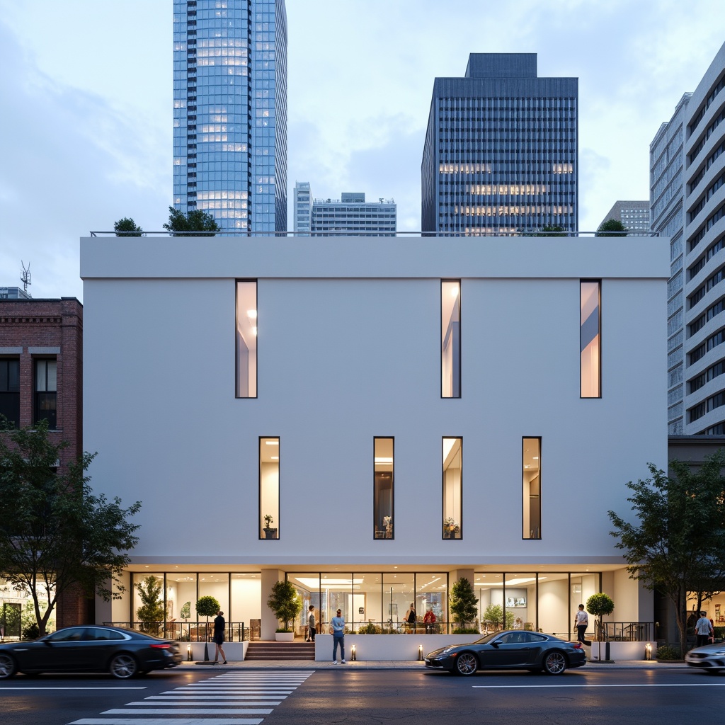 Prompt: Simple white facade, clean lines, minimal ornamentation, large glass windows, sliding doors, cantilevered rooflines, open-air balconies, sleek metal railings, subtle LED lighting, urban cityscape, busy streets, modern skyscrapers, cloudy blue sky, soft natural light, shallow depth of field, 1/1 composition, symmetrical architecture, monochromatic color scheme, abstract patterns, geometric shapes, functional simplicity.