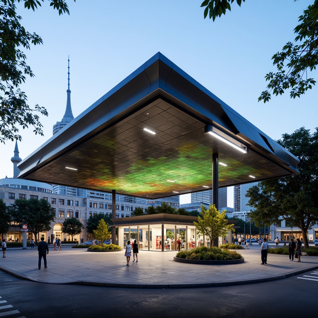 Prompt: Futuristic gas station, sleek metal canopy, angular lines, minimalist design, vibrant LED lighting, modern fuel pumps, stainless steel accents, glass roofs, eco-friendly materials, sustainable energy solutions, solar panels, wind turbines, green walls, lush vegetation, shaded outdoor spaces, misting systems, urban landscape, busy streets, cityscape, 3/4 composition, shallow depth of field, panoramic view, realistic textures, ambient occlusion.