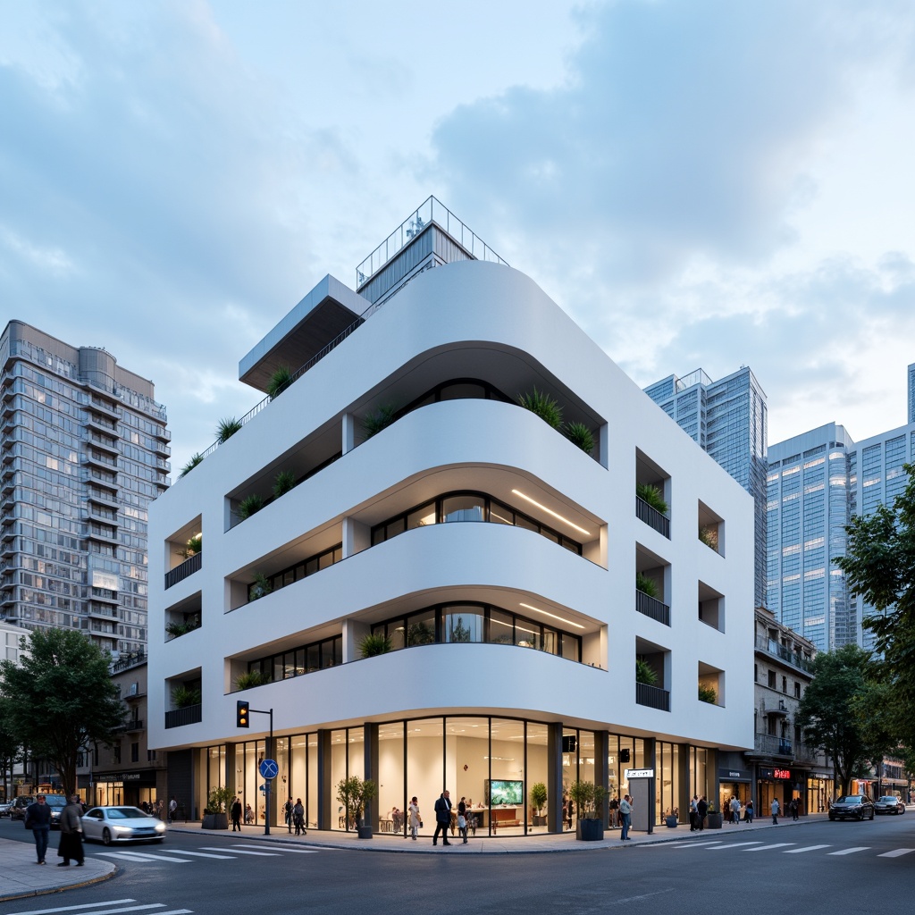 Prompt: Simple white facade, clean lines, minimal ornamentation, large glass windows, sliding doors, cantilevered rooflines, open-air balconies, sleek metal railings, subtle LED lighting, urban cityscape, busy streets, modern skyscrapers, cloudy blue sky, soft natural light, shallow depth of field, 1/1 composition, symmetrical architecture, monochromatic color scheme, abstract patterns, geometric shapes, functional simplicity.