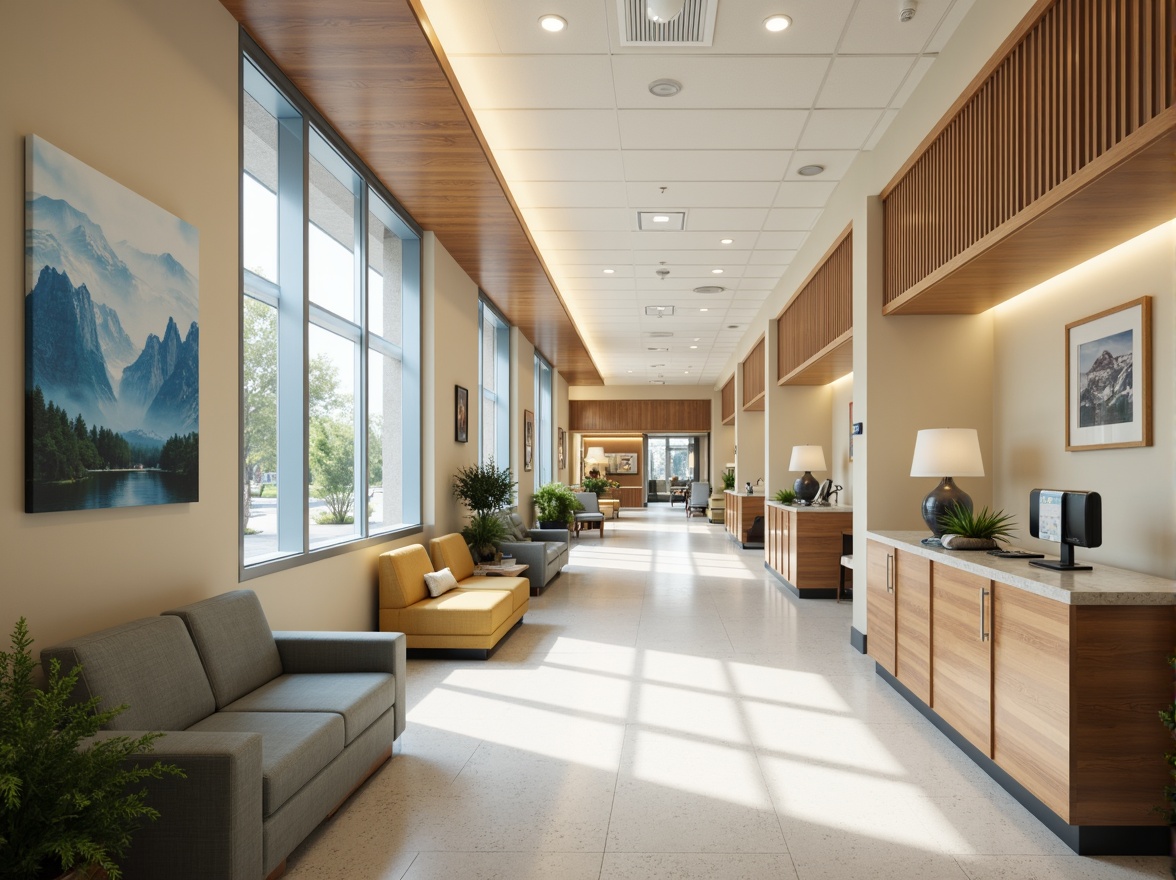 Prompt: Soothing hospital corridors, calming color schemes, natural wood accents, comfortable waiting areas, ergonomic seating, gentle lighting, acoustic panels, minimalist decor, functional nurse stations, private patient rooms, large windows, abundant natural light, soft flooring, warm textures, peaceful artwork, serene atmosphere, shallow depth of field, 1/1 composition, realistic renderings, ambient occlusion.