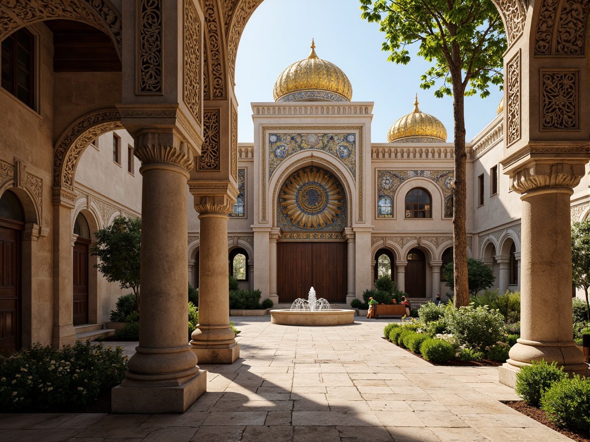 Prompt: Intricate stone carvings, ornate golden domes, majestic archways, grand entrance gates, rustic wooden doors, vibrant mosaic patterns, richly textured stonework, Byzantine-inspired frescoes, serene courtyard gardens, tranquil fountain features, soft warm lighting, shallow depth of field, 3/4 composition, panoramic view, realistic textures, ambient occlusion.