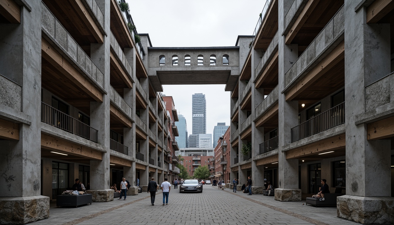 Prompt: Rough concrete walls, exposed ductwork, industrial metal beams, raw brick facades, distressed wood accents, brutalist fortress-like structures, rugged stone foundations, cold steel railings, minimalist ornamentation, functional simplicity, urban cityscape, overcast skies, dramatic shadows, high-contrast lighting, 1/1 composition, symmetrical framing, realistic material textures, ambient occlusion.