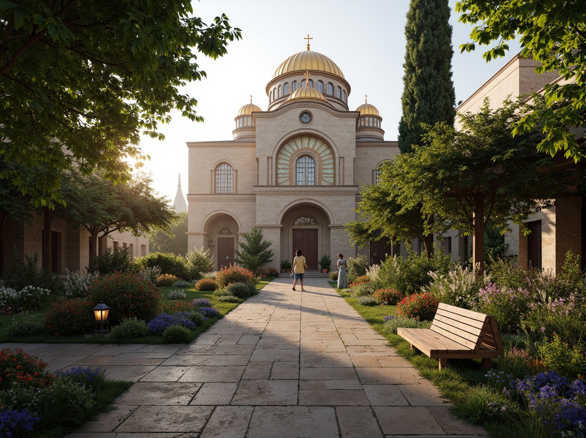 Prompt: Ancient stone church, ornate Byzantine architecture, lush greenery, vibrant flowers, intricately patterned mosaics, golden domes, rustic stone pathways, weathered wooden benches, lantern-style lighting, misty morning atmosphere, soft warm sunlight, shallow depth of field, 1/2 composition, symmetrical framing, realistic textures, ambient occlusion.