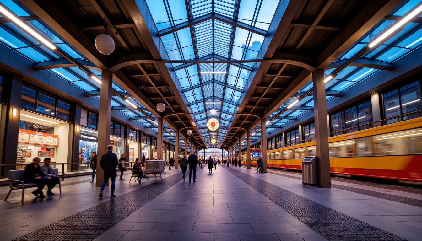 Prompt: Vibrant tram station, modern architecture, sleek metal beams, glass roofs, LED light installations, futuristic ambiance, dynamic color schemes, neon signs, urban cityscape, busy pedestrian traffic, rush hour atmosphere, soft warm lighting, shallow depth of field, 1/1 composition, realistic textures, ambient occlusion, suspended ceiling lights, linear fluorescent lamps, circular pendant lights, geometric patterned flooring, polished metal handrails, comfortable seating areas.