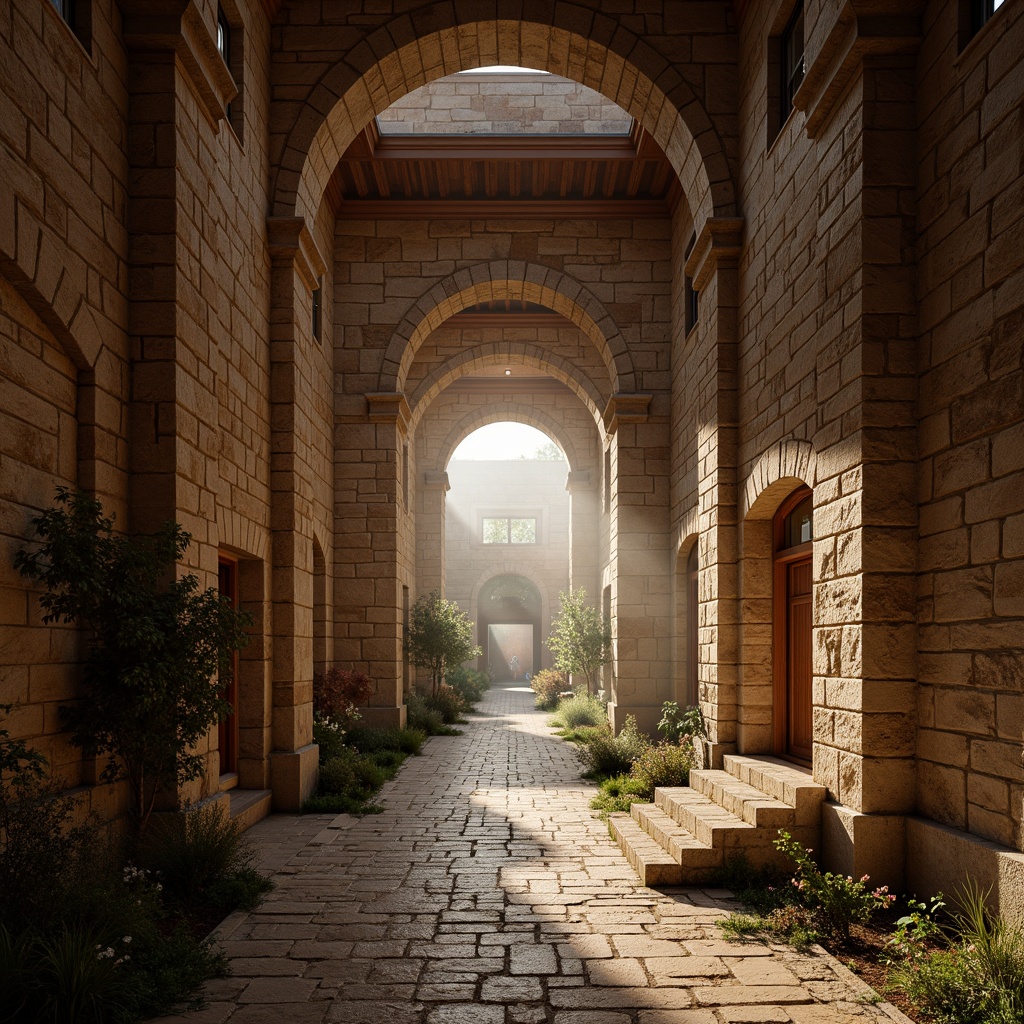 Prompt: Rustic stone walls, arched windows, ornate carvings, grand entranceways, sturdy columns, vaulted ceilings, intricate stonework patterns, earthy color palette, natural textures, medieval-inspired architecture, robust fortifications, imposing fa\u00e7ades, dramatic lighting effects, low-angle shots, atmospheric mist, warm golden hour, 1/2 composition, symmetrical framing, detailed stone carvings, ambient occlusion.