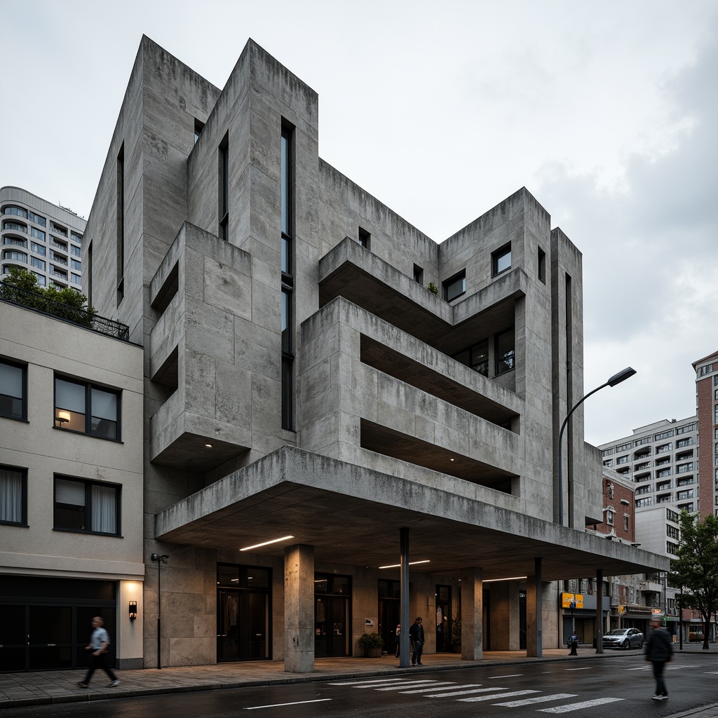 Prompt: Rugged concert house facade, brutalist architecture style, raw concrete textures, fortress-like structure, asymmetrical composition, dramatic cantilevered roofs, industrial metal accents, minimalist ornamentation, bold geometric forms, monochromatic color scheme, urban cityscape background, cloudy overcast sky, high-contrast lighting, deep shadows, 1/2 composition, cinematic camera angle, gritty realistic rendering.