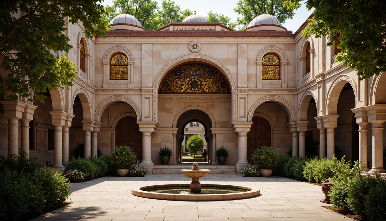 Prompt: Intricate stone carvings, ornate arches, grand domes, golden mosaics, vibrant frescoes, rustic brick walls, weathered wooden doors, ornamental ironwork, mystical symbols, serene courtyard, lush greenery, tranquil fountain, soft warm lighting, shallow depth of field, 3/4 composition, panoramic view, realistic textures, ambient occlusion.