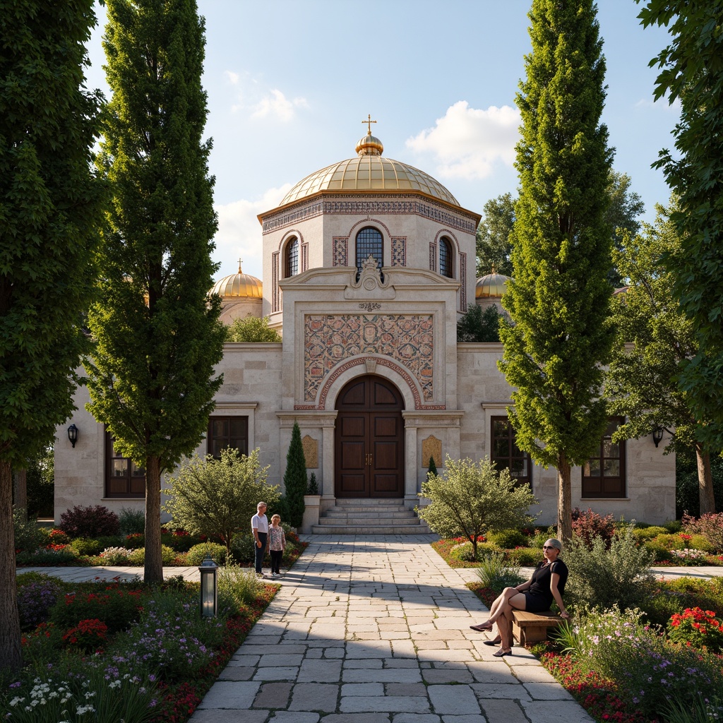 Prompt: Ancient stone church, ornate Byzantine architecture, lush greenery, vibrant flowers, intricately patterned mosaics, golden domes, rustic stone pathways, weathered wooden benches, lantern-style lighting, warm afternoon sun, soft diffused light, shallow depth of field, 1/2 composition, symmetrical framing, realistic textures, ambient occlusion, serene atmosphere, peaceful ambiance.