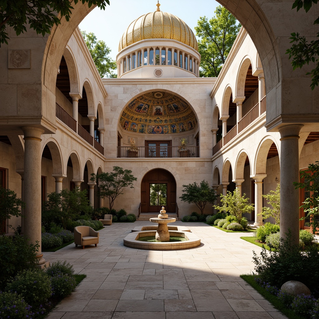 Prompt: Intricate stone carvings, ornate golden domes, majestic archways, grand entrance gates, rustic wooden doors, vibrant mosaic patterns, richly textured stonework, Byzantine-inspired frescoes, serene courtyard gardens, tranquil fountain features, soft warm lighting, shallow depth of field, 3/4 composition, panoramic view, realistic textures, ambient occlusion.