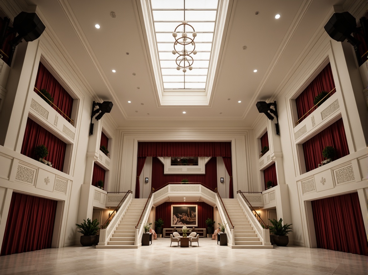 Prompt: Elegant opera house, minimalist architecture, neutral color palette, creamy whites, soft grays, rich blacks, subtle gold accents, ornate details, grand chandeliers, sweeping staircases, luxurious red velvet curtains, polished marble floors, dramatic spotlights, warm ambient lighting, shallow depth of field, 1/1 composition, symmetrical framing, realistic textures, subtle reflections.