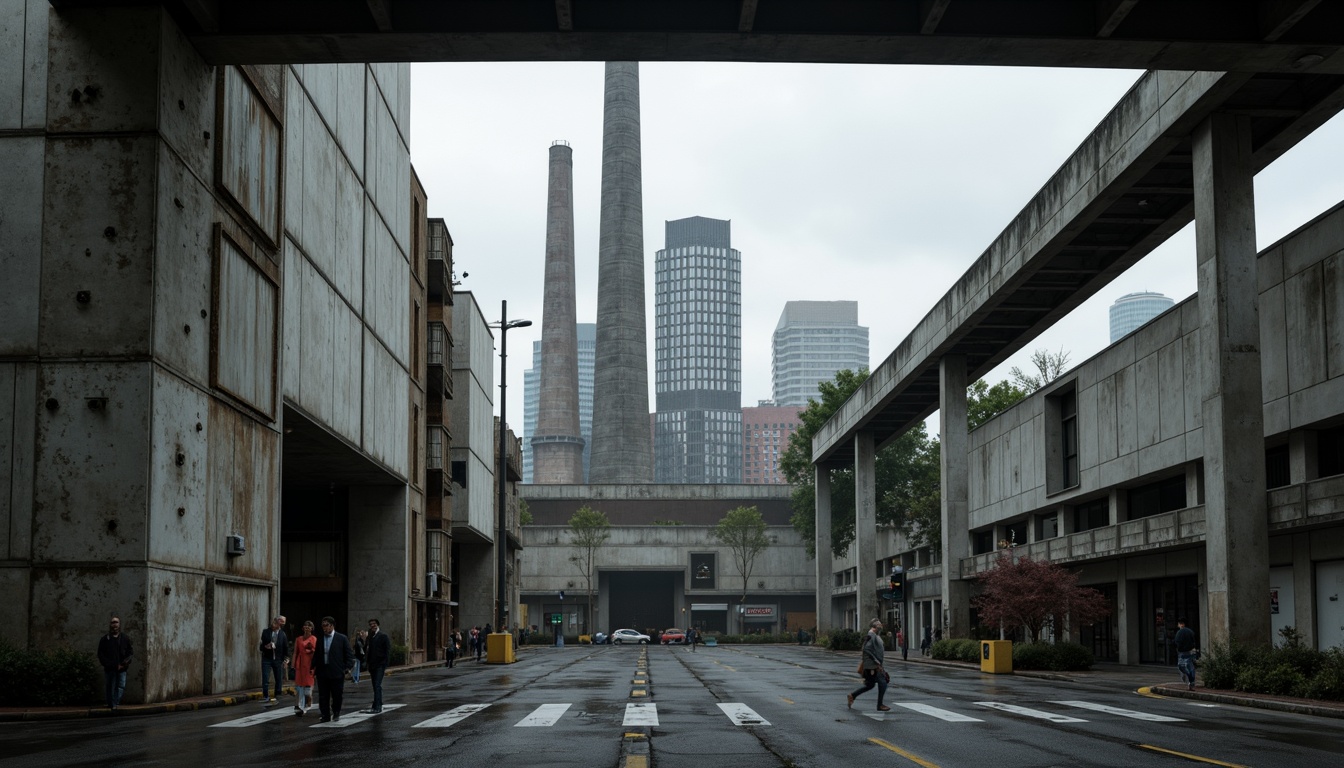 Prompt: Massive concrete forms, brutalist architecture, industrial distribution center, rugged textures, exposed ductwork, raw steel beams, functional minimalism, urban cityscape, overcast skies, dramatic shadows, high-contrast lighting, cinematic composition, symmetrical framing, bold geometric shapes, reinforced materials, utilitarian aesthetic, functional simplicity, mechanized systems, metallic accents, distressed finishes, monumental scale, imposing presence, atmospheric misting.