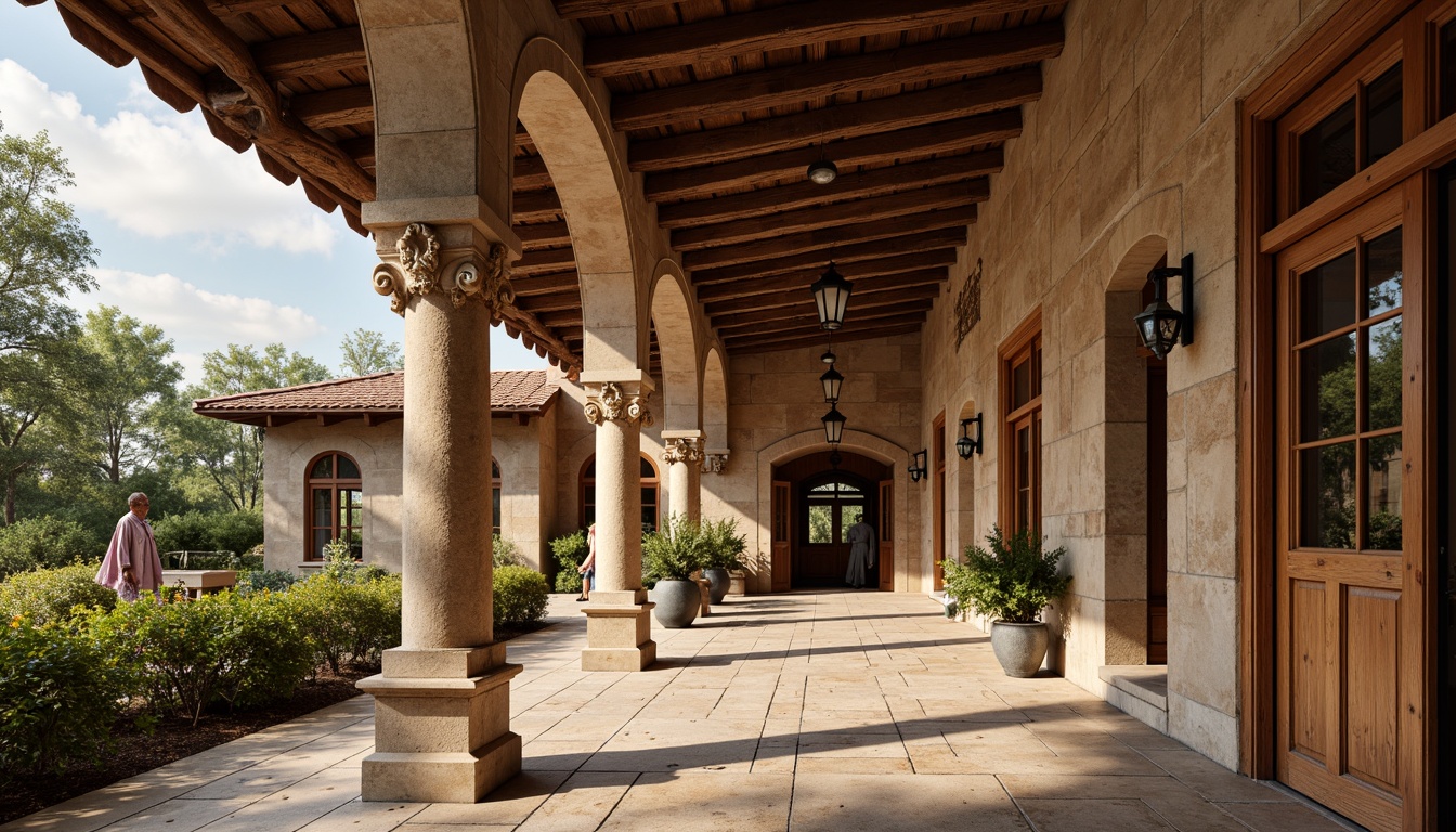 Prompt: Renaissance-style visitor center, ornate facade, grand entrance, arched windows, rustic stone walls, terracotta roof tiles, classical columns, intricate carvings, ornamental details, warm earthy tones, natural stone flooring, wooden accents, vintage lanterns, soft warm lighting, shallow depth of field, 1/2 composition, symmetrical framing, realistic textures, ambient occlusion.