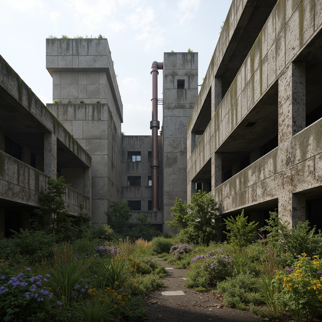 Prompt: Rugged brutalist buildings, raw concrete textures, fortress-like structures, overgrown vegetation, wildflowers, moss-covered walls, industrial landscapes, abandoned factories, crumbling infrastructure, distressed metal accents, exposed ductwork, brutalist sculptures, harsh natural lighting, dramatic shadows, 3/4 composition, low-angle shot, gritty realistic renderings, ambient occlusion.