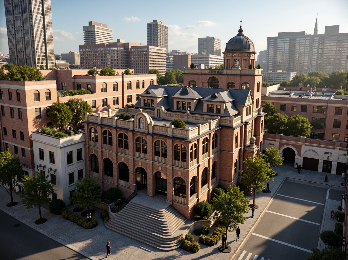 Prompt: Historic high school building, Renaissance-style architecture, ornate facades, grand entrance halls, sweeping staircases, wooden paneling, vintage chandeliers, urban cityscape, bustling streets, modern skyscrapers, green roofs, rooftop gardens, natural stone walls, brick paving, pedestrian walkways, street lamps, afternoon sunlight, soft warm lighting, shallow depth of field, 3/4 composition, realistic textures, ambient occlusion.