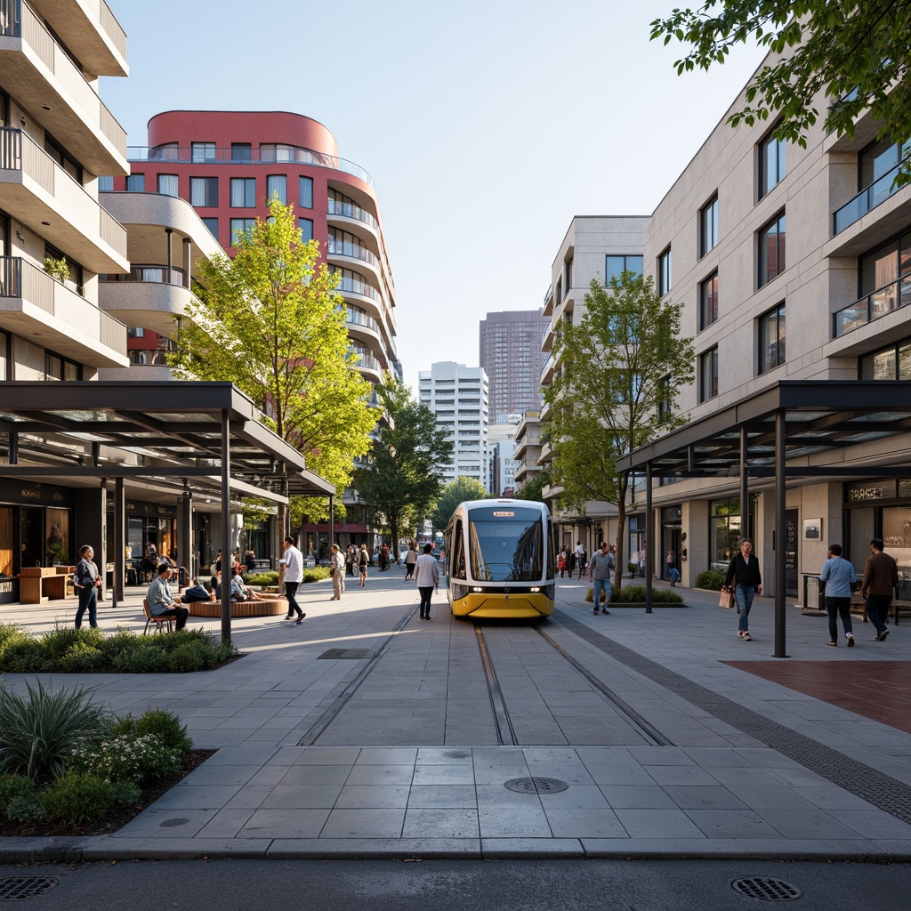 Prompt: Vibrant cityscape, modern tram station, sleek glass roofs, steel beams, urban integration, pedestrian-friendly infrastructure, green spaces, public art installations, bustling streets, morning commute, soft natural lighting, shallow depth of field, 1/1 composition, realistic textures, ambient occlusion, urban furniture, bike lanes, street performers, eclectic architecture, mixed-use development, lively atmosphere, warm color palette.