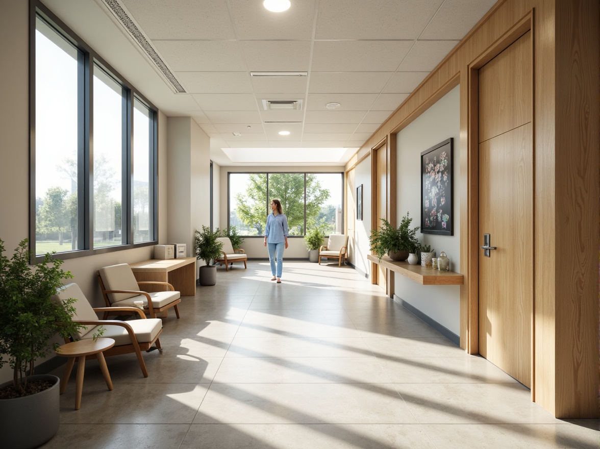 Prompt: Soothing hospital corridors, calming color schemes, natural wood accents, comfortable waiting areas, ergonomic seating, gentle lighting, acoustic panels, minimalist decor, functional nurse stations, private patient rooms, large windows, abundant natural light, soft flooring, warm textures, peaceful artwork, serene atmosphere, shallow depth of field, 1/1 composition, realistic renderings, ambient occlusion.