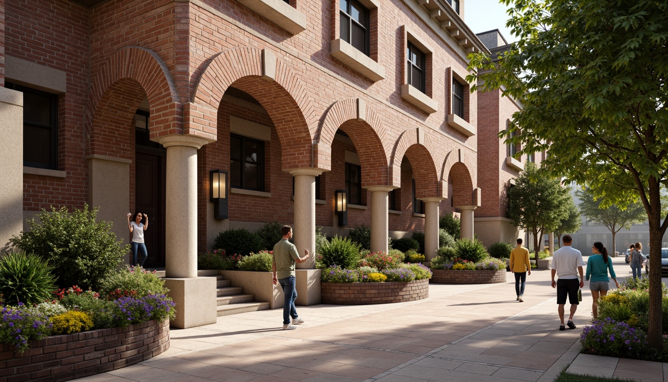 Prompt: Rustic brick facade, earthy tones, textured masonry, ornate archways, grand entranceways, classic columns, vintage street lamps, charming pedestrian walkways, lush greenery, blooming flowers, warm sunny day, soft natural lighting, shallow depth of field, 3/4 composition, realistic textures, ambient occlusion.