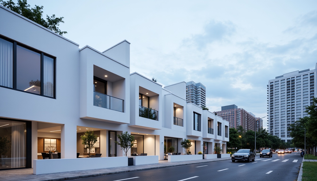 Prompt: Simple white facade, clean lines, minimal ornamentation, large glass windows, sliding doors, cantilevered rooflines, open-air balconies, sleek metal railings, subtle LED lighting, urban cityscape, busy streets, modern skyscrapers, cloudy blue sky, soft natural light, shallow depth of field, 1/1 composition, symmetrical architecture, monochromatic color scheme, abstract patterns, geometric shapes, functional simplicity.