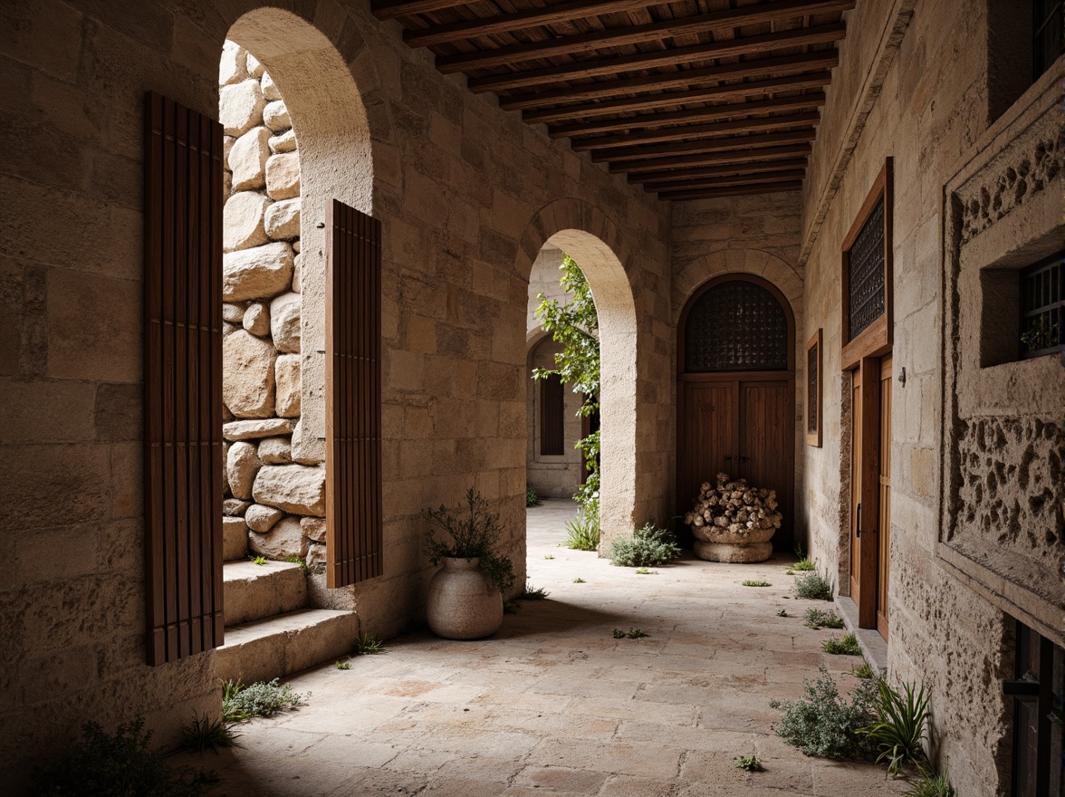 Prompt: Rustic stone walls, weathered wooden planks, rough-hewn concrete columns, tactile brick facades, ornate metalwork details, intricate stonework patterns, natural rock formations, earthy tones, organic shapes, curved lines, asymmetrical compositions, warm ambient lighting, soft shadows, high-contrast textures, realistic material renderings, detailed normal maps, subtle bump mapping, cinematic camera angles, dramatic depth of field.