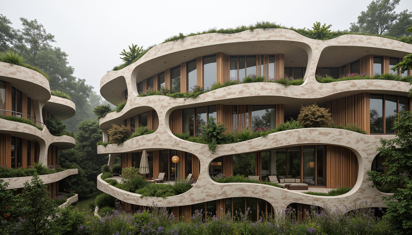 Prompt: Organic building facade, wavy lines, natural stone cladding, green walls, living roofs, blooming flowers, curved shapes, earthy tones, wooden accents, cantilevered structures, asymmetrical composition, soft diffused lighting, misty atmosphere, 1/1 ratio, intimate scale, harmonious integration with surroundings, sustainable materials, eco-friendly systems, rainwater harvesting, solar panels, natural ventilation, organic textures, intricate patterns inspired by nature.