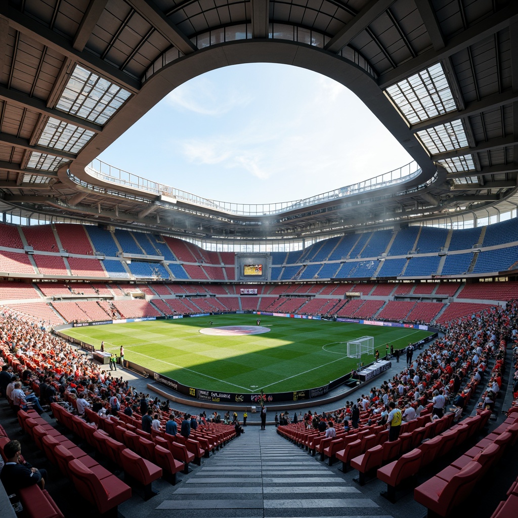 Prompt: Modern soccer stadium interior, sleek curved lines, vibrant team colors, polished concrete floors, retractable seating, state-of-the-art scoreboards, LED lighting systems, spacious concourses, food and beverage concessions, souvenir shops, VIP lounges, luxurious suites, panoramic views of the pitch, natural light pouring in through skylights, dynamic architectural shapes, futuristic design elements, high-tech audio systems, energetic atmosphere, bustling crowd scenes, shallow depth of field, 1/2 composition, realistic textures, ambient occlusion.