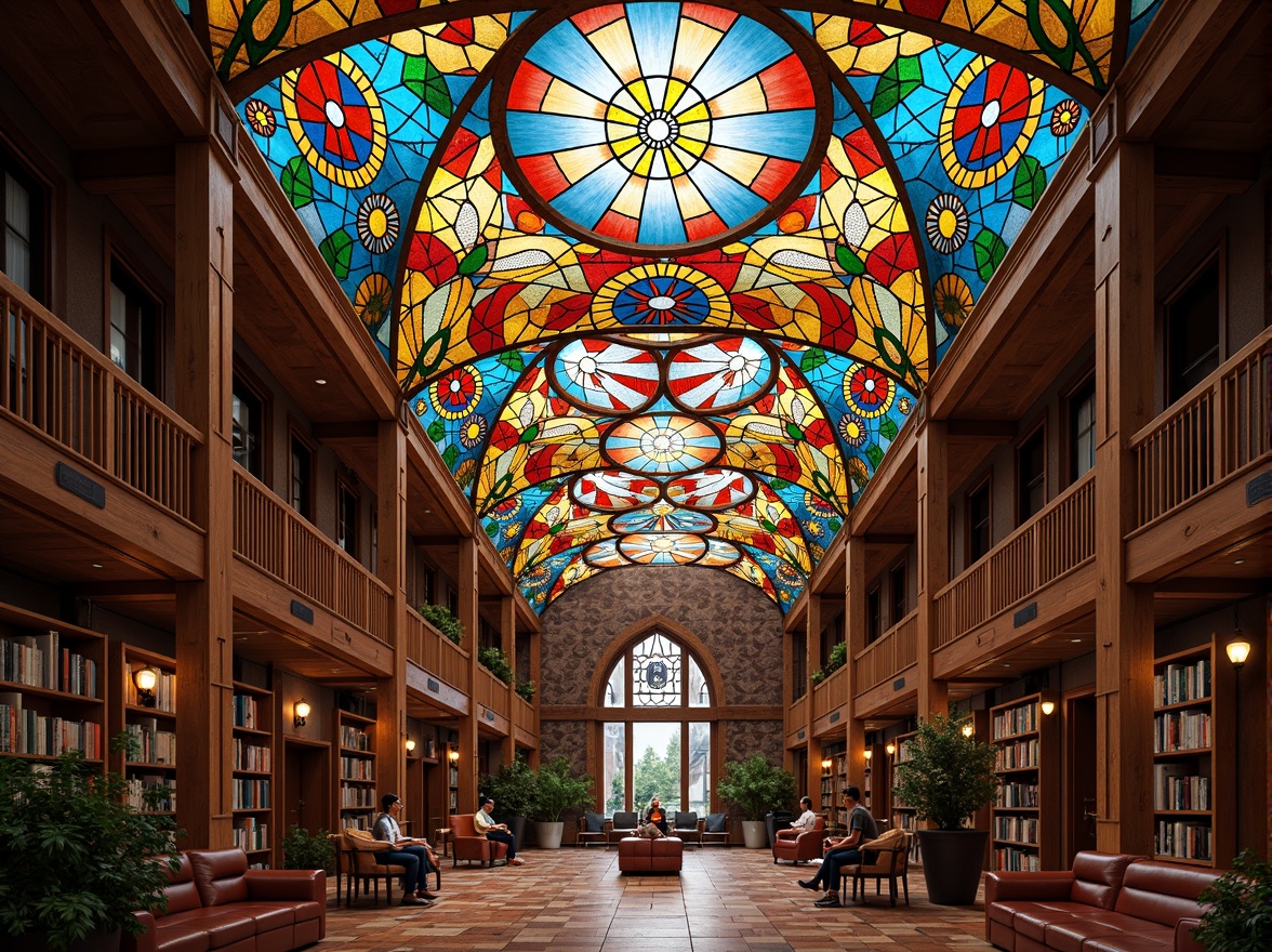 Prompt: Vibrant stained glass ceiling, colorful geometric patterns, warm natural light, cozy reading nooks, wooden bookshelves, comfortable seating areas, quiet study spaces, elegant architectural details, ornate metal frames, rich cultural heritage, spiritual ambiance, soft diffused lighting, 1/1 composition, realistic textures, ambient occlusion.