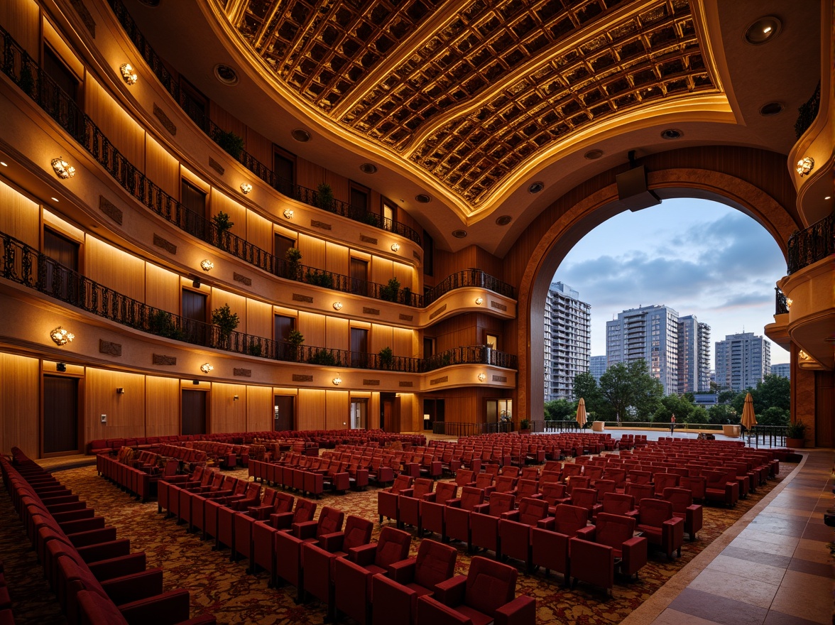 Prompt: Undulating curves, sweeping arches, grand auditorium, plush red seats, ornate golden details, intricate acoustic panels, suspended ceiling structures, dramatic spotlights, warm ambient lighting, rich wood tones, polished marble floors, flowing staircases, elegant balconies, panoramic city views, soft evening light, shallow depth of field, 1/2 composition, cinematic atmosphere, realistic reflections.