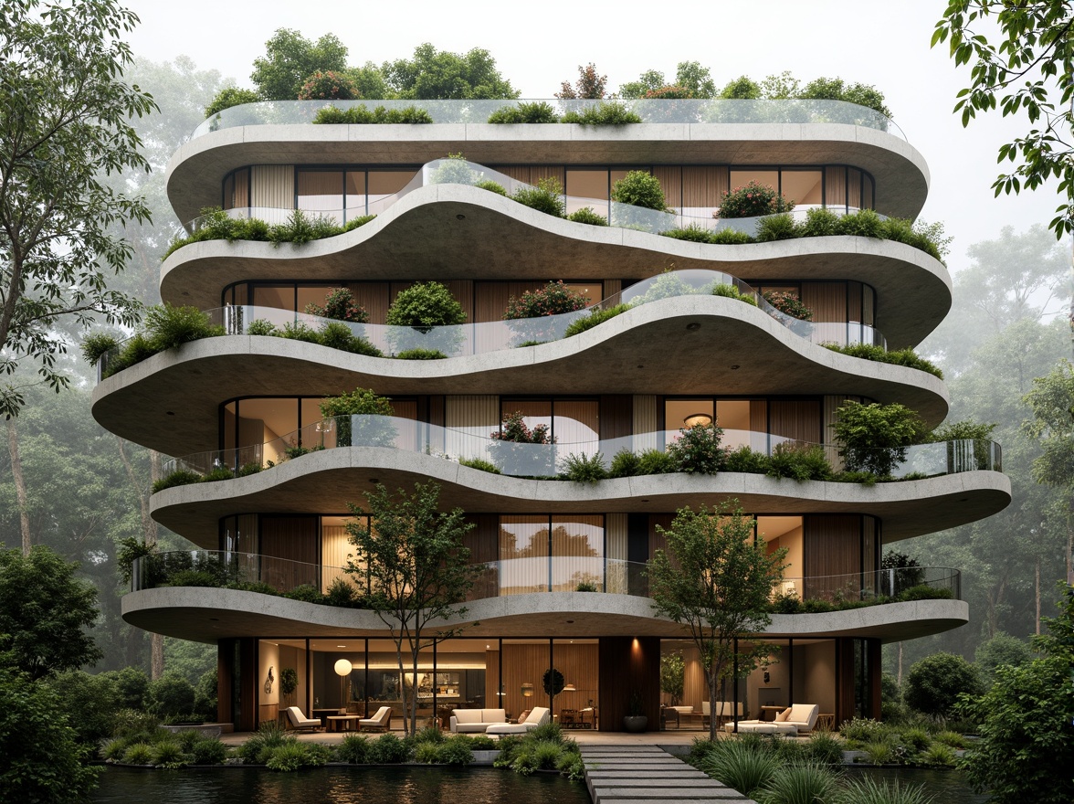 Prompt: Organic building facade, wavy lines, natural stone cladding, green walls, living roofs, blooming flowers, curved shapes, earthy tones, wooden accents, cantilevered structures, asymmetrical composition, soft diffused lighting, misty atmosphere, 1/1 ratio, intimate scale, harmonious integration with surroundings, sustainable materials, eco-friendly systems, rainwater harvesting, solar panels, natural ventilation, organic textures, intricate patterns inspired by nature.