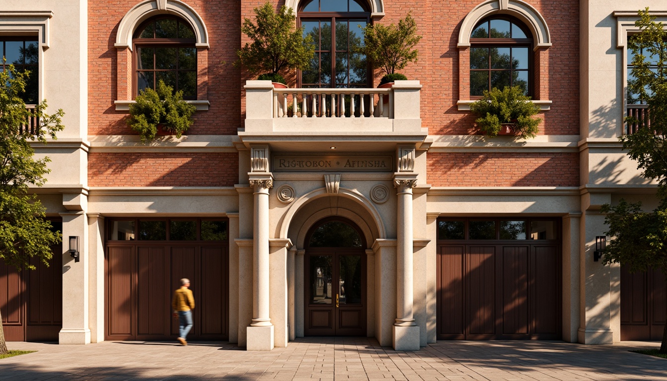 Prompt: Renaissance-style building facade, ornate brick patterns, rustic red brick walls, arched windows, classical columns, ornamental cornices, grand entranceways, symmetrical composition, warm golden lighting, shallow depth of field, 1/1 aspect ratio, realistic textures, ambient occlusion.