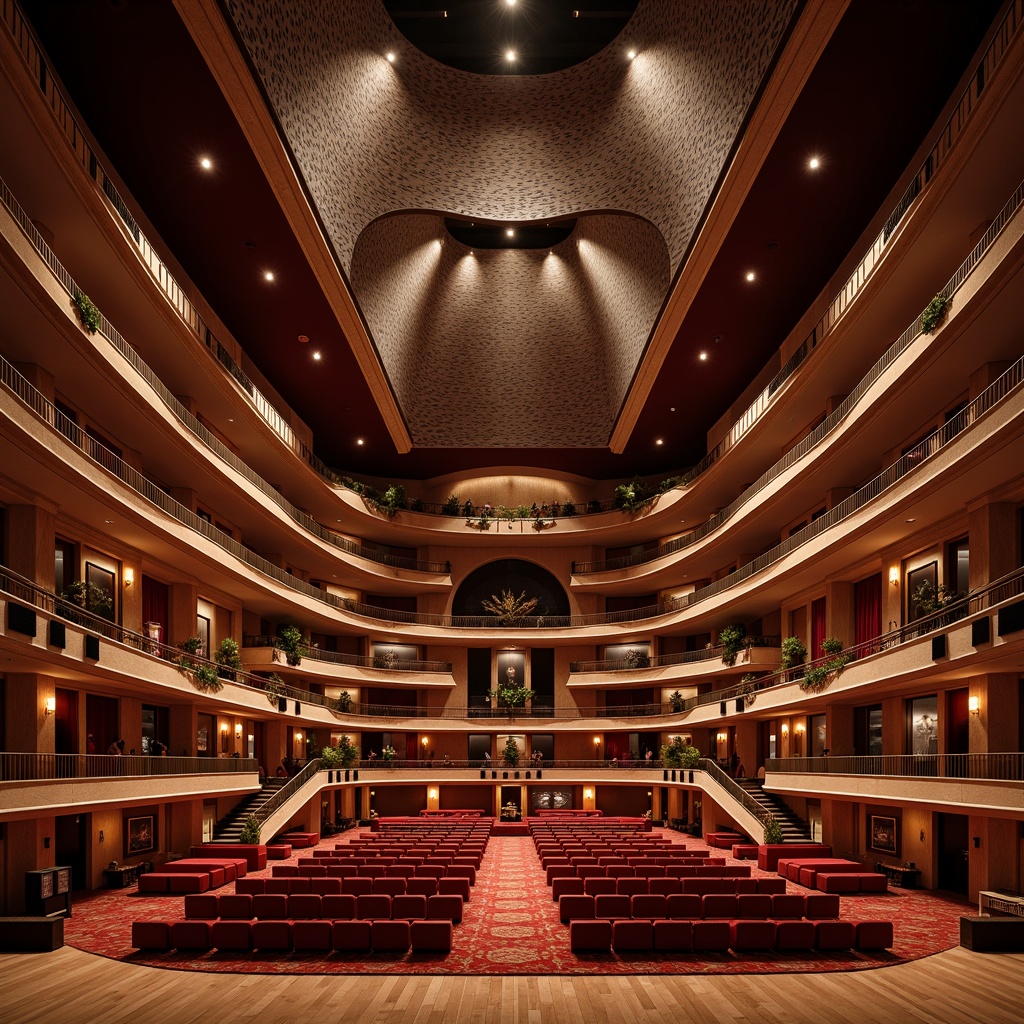 Prompt: Undulating curves, sweeping arches, grand auditorium, plush red seats, ornate balconies, intricate moldings, polished wooden floors, dramatic spotlights, soft warm glow, shallow depth of field, 1/2 composition, symmetrical architecture, luxurious textiles, richly patterned carpets, acoustic panels, state-of-the-art sound systems, futuristic lighting designs, dynamic ceiling installations, flowing staircases, grand entrance lobbies.