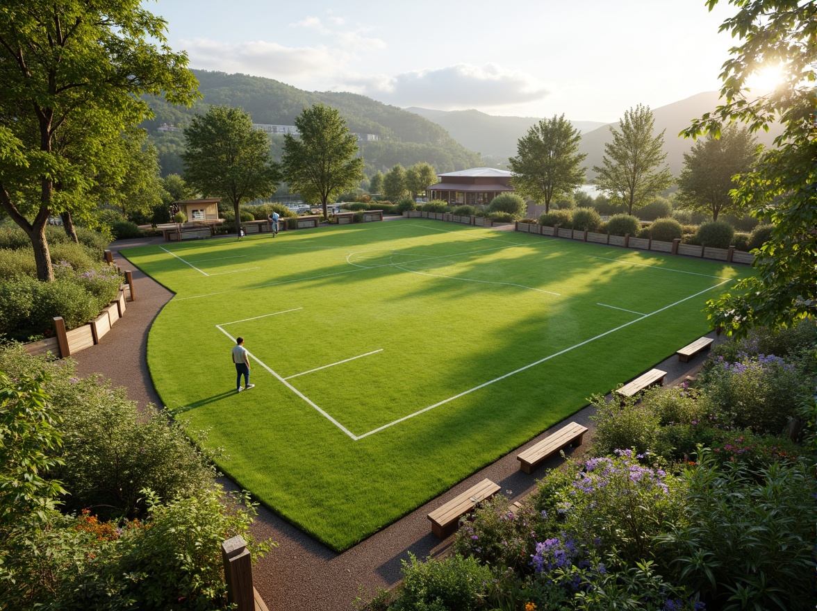 Prompt: Natural sports field, lush green grass, organic curves, undulating terrain, meandering pathways, native plant species, wildflower blooms, rustic wooden benches, recycled material fences, eco-friendly irrigation systems, solar-powered lighting, soft warm ambiance, shallow depth of field, 3/4 composition, panoramic view, realistic textures, ambient occlusion.