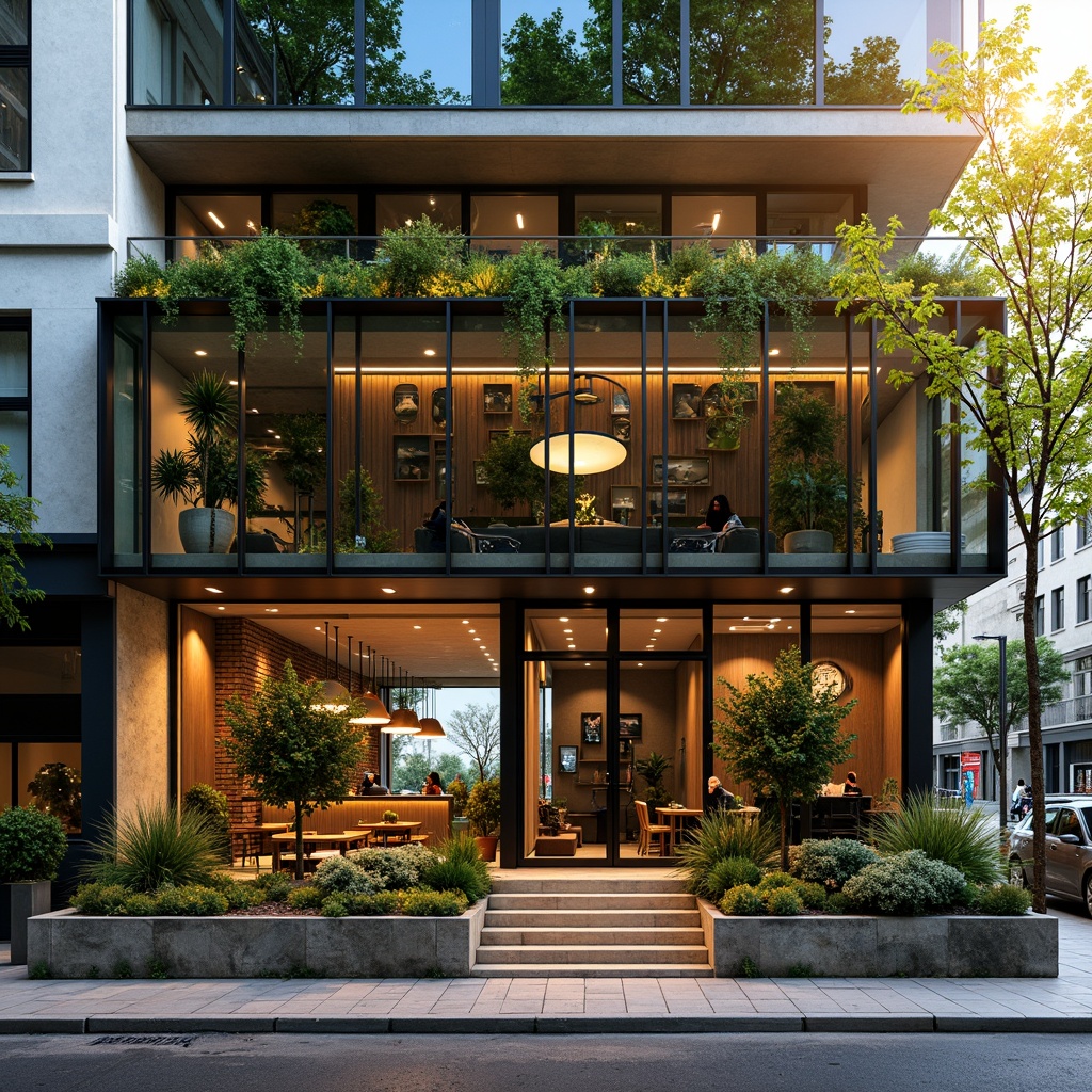 Prompt: Vibrant coffee shop facade, modern minimalist architecture, large glass windows, wooden accents, industrial metal frames, green walls, living plants, natural stone cladding, LED signage, neon lights, cozy outdoor seating, urban cityscape, bustling streets, morning sunlight, warm golden lighting, shallow depth of field, 1/2 composition, realistic textures, ambient occlusion.