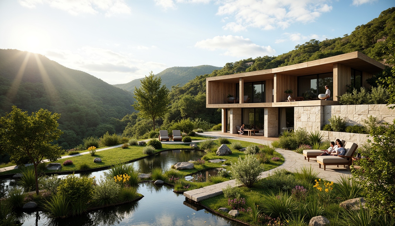 Prompt: Harmonious landscape integration, rolling hills, lush greenery, meandering pathways, natural stone walls, wooden decks, modern architecture, large windows, sliding glass doors, cantilevered roofs, outdoor living spaces, seamless transitions, organic forms, sustainable design, eco-friendly materials, native plant species, vibrant wildflowers, serene water features, shallow reflective pools, soft warm lighting, 3/4 composition, panoramic view, realistic textures, ambient occlusion.